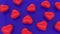 Red shiny hearts on a blue reflective surface. Lots of plastic hearts on a blue background. 3D image