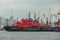 Red ships of the marine rescue service are standing at the mooring wall in the Golden Horn Bay