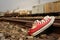 Red shoes leaning on the train tracks.