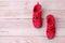 Red shoes sandle on a wooden background