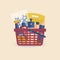 Red shopping basket from supermarket with detergents and cleaning products. Women`s household gloves with flowers, washing powder