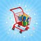 Red shopping cart. Red cart with color presents on blue background. Sale or christmas sale illustration.