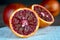 Red Sicilian Citrus sinensis Orange. close-up. Hybrid pomelo and orange