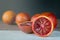 Red Sicilian Citrus sinensis Orange. close-up. Hybrid pomelo and orange