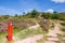 Red signpost pointing to the top of Sonderland mountain in Rebild Bakker National Park