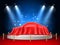 Red silk car covered. Realistic secret gift hidden under cloth, textile drapery, surprise on round podium with blue