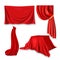 Red Silk Cloth Set Vector. Fabric Cloth Waving Shape. For Presentation. Banner, Stage, Cloak, Curtain. Velvet Theater Or