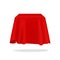 Red silk cover. Realistic secret box hidden under fabric. 3D bright flowing tablecloth mockup with folds. Exhibition