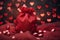 Red silk gift bag and hearts on blurred background. Valentine's Day card