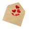 Red silk hearts in open postal envelope
