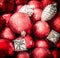 Red silver Christmas background with decorations, balloons and gift boxes