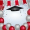 Red and silver graduation template with cap and balloons