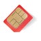 Red SIM card with drop shadow isolated on white background, close-up, macro, high resolution, mock up