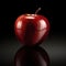 Red single realistic shiny apple with reflection on black background. AI generative illustration