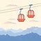 Red ski cabin lift for mountain skiers moves in the air on a cableway on the background of winter snow mountains