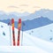 Red ski equipment at the ski resort. Snowy mountains and slopes, winter evening and morning landscape, sunset, sunrise.