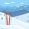 Red ski equipment at the ski resort. Snowy mountains and slopes, winter landscape.