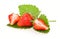 Red sliced strawberry fruits with green leaves