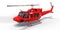 Red small military transport helicopter on white isolated background. The helicopter rescue service. Air taxi