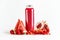 Red smoothie in bottle with fruit ingredients: watermelon, pomegranate, strawberries and raspberries at white background Healthy