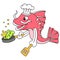 Red snapper is cooking as a chef holding a frying pan, doodle icon image kawaii