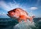 Red Snapper jumping out of the ocean water. Ai generative