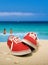 Red sneakers at the beach