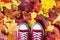 Red sneakers on a yellow autumnal leaves background