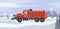 Red snow plow truck cleans snowy road in snowfall a vector illustration