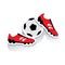 Red soccer shoes and soccer ball, cartoon on white background,