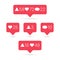 Red social media notifications icons for web design, social net. Tag, button for like, comment, speech bubble, request. Click on