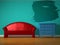 Red sofa with blue bedside table and splash frame