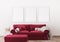 Red sofa in farmhouse interior, empty white frame mock up