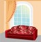 Red sofa near the window with lace curtain