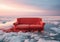 Red sofa over icy landscape. Winter atmosphere style, surreal. AI generative