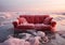 Red sofa over icy landscape. Winter atmosphere style, surreal. AI generative