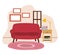 Red sofa table lamp books carpet and window