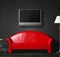 Red sofa, table and standard lamp with LCD tv