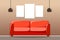 Red sofa with two lamps and a set of space for three paintings. Vector illustration of a flat style.