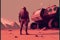 Red spaceman standing by futuristic rover on Mars planet