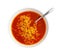 Red Spicy Noodle Soup in White Bowl Isolated Top View, Hot Chili Pepper Ramen Closeup