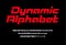 Red sport dynamic font with numbers and punctuation, uppercase and lowercase letters. Italic geometric alphabet, wide