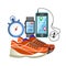 Red sport sneakers, heart rate monitor, phone, and stopwatch