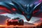 A red sports car chased by a bat-like demon cloaked in armour through a hot desert. AI-Generated