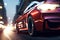 a red sports car driving down a city street at high speed with headlights on it\\\'s headlamps and a bl
