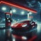 Red sports car at a gas station, rain, thunder, dark and ominous