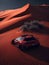 Red sports car in the sands of the red desert. Unique image. AI