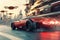 A red sports car speeds through a modern cityscape filled with high-rise buildings and advanced technology, A sports car being