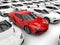 Red sports car stands out amongst white cars - closeup shot