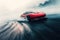 A red sports car zooms down a busy urban road, showcasing its speed and sleek design, A sports car making a tight turn during a